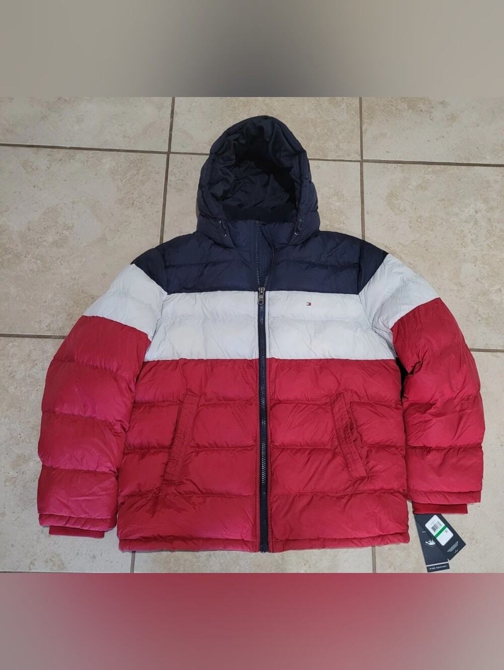 Tommy Hilfiger Mens LT Large Tall Hooded Quilted Puffer Jacket red white blue